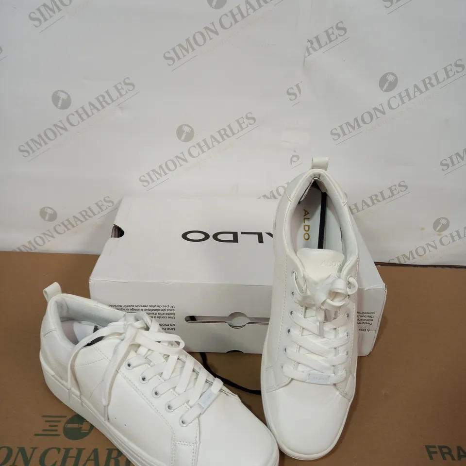 BOXED PAIR OF ALDO WHITE TRAINERS SIZE 7