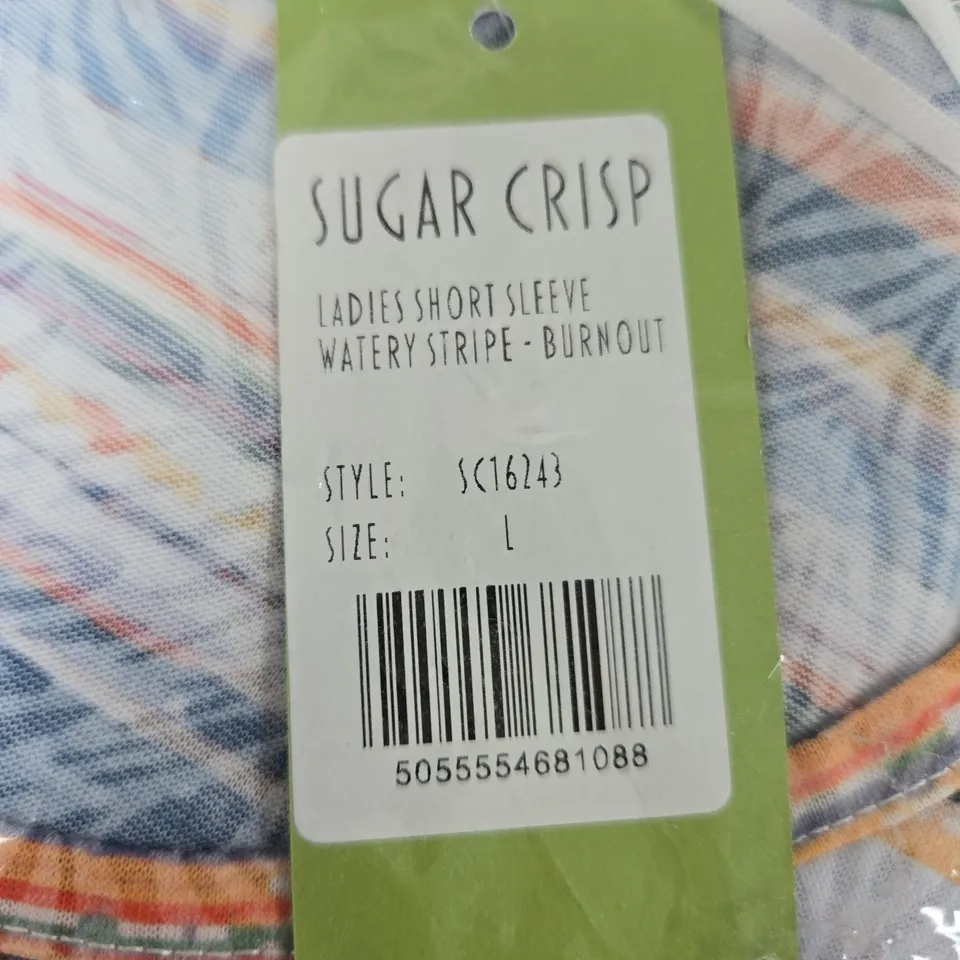 SUGAR CRISP LADIES SHORT SLEEVE TOP – WATERY STRIPE BURNOUT, SIZE L