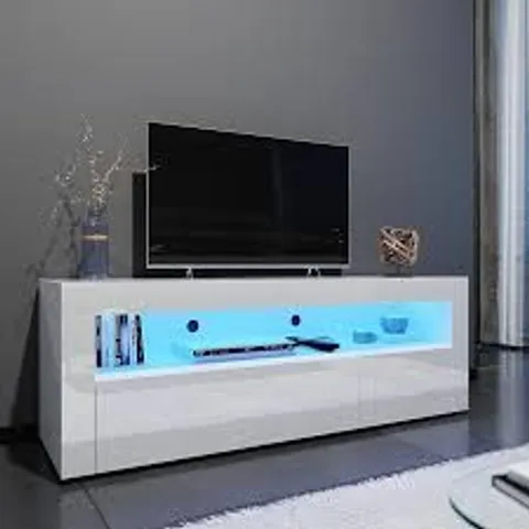 BOXED TV STAND BY CHANCERY GLOSSY 200CM WIDE CABINET WITH LIGHTS - WHITE (2 BOXES)