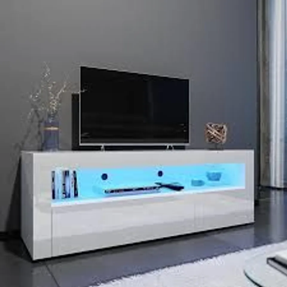 BOXED TV STAND BY CHANCERY GLOSSY 200CM WIDE CABINET WITH LIGHTS - WHITE (2 BOXES)