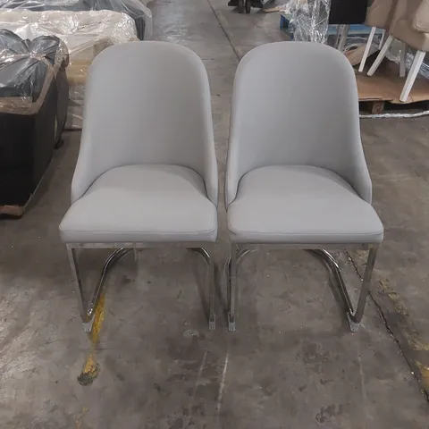 PAIR OF RIVA DINING CHAIRS, LIGHT GREY PREMIUM FAUX LEATHER & CHROME