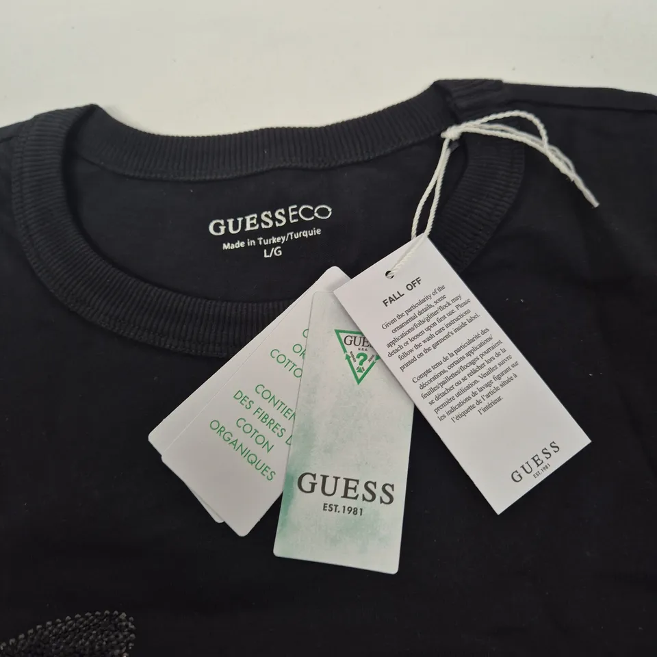 GUESS BLACK T-SHIRT WITH RHINESTONE SCRIPT LOGO – WOMEN’S, SIZE L