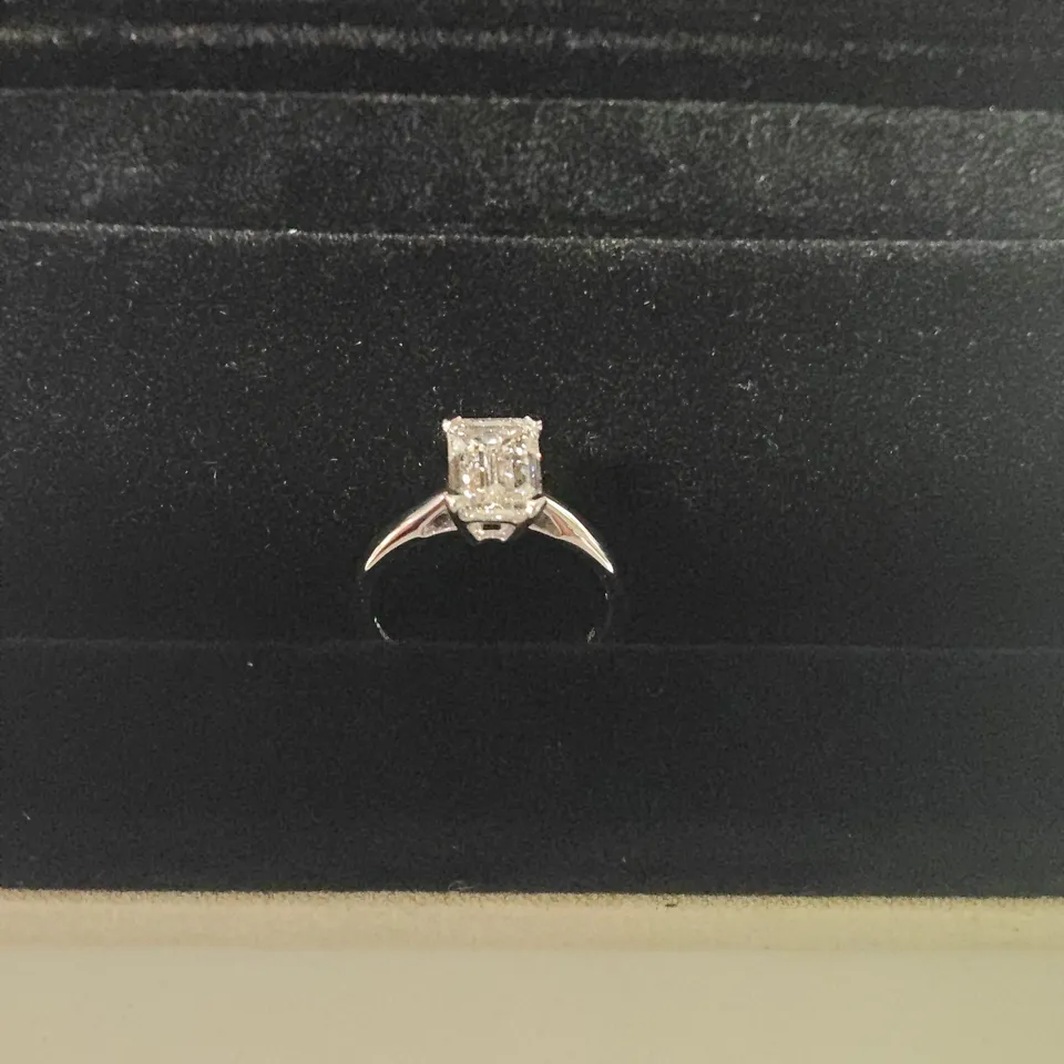 9CT WHITE GOLD SOLITAIRE RING SET WITH A LAB GROWN EMERALD CUT DIAMOND WEIGHING +-2.01CT