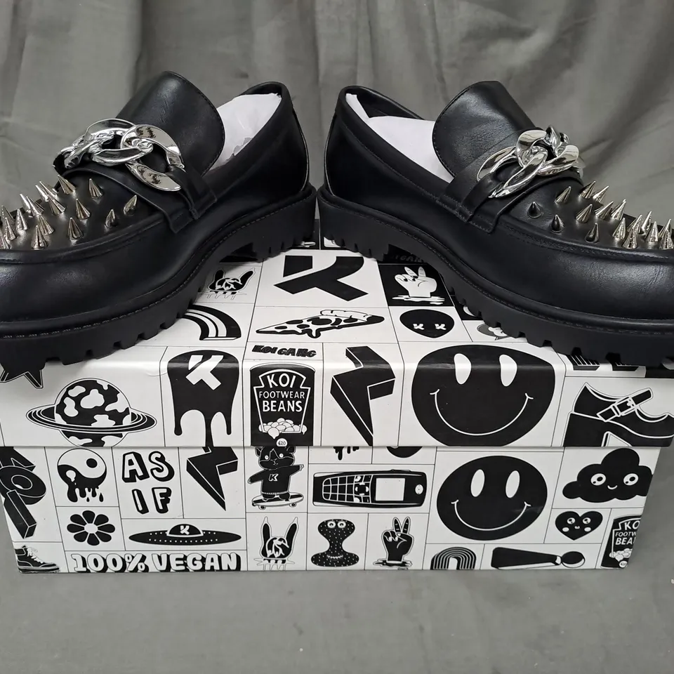 BOXED PAIR OF KOI VEGAN THE GRAVE WARDEN MEN'S SPIKED LOAFERS IN BLACK UK SIZE 10