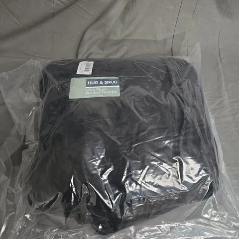 SEALED HUG & SNUG ULTRA PLUSH BLANKET HOODIE IN BLACK ADULT SIZE