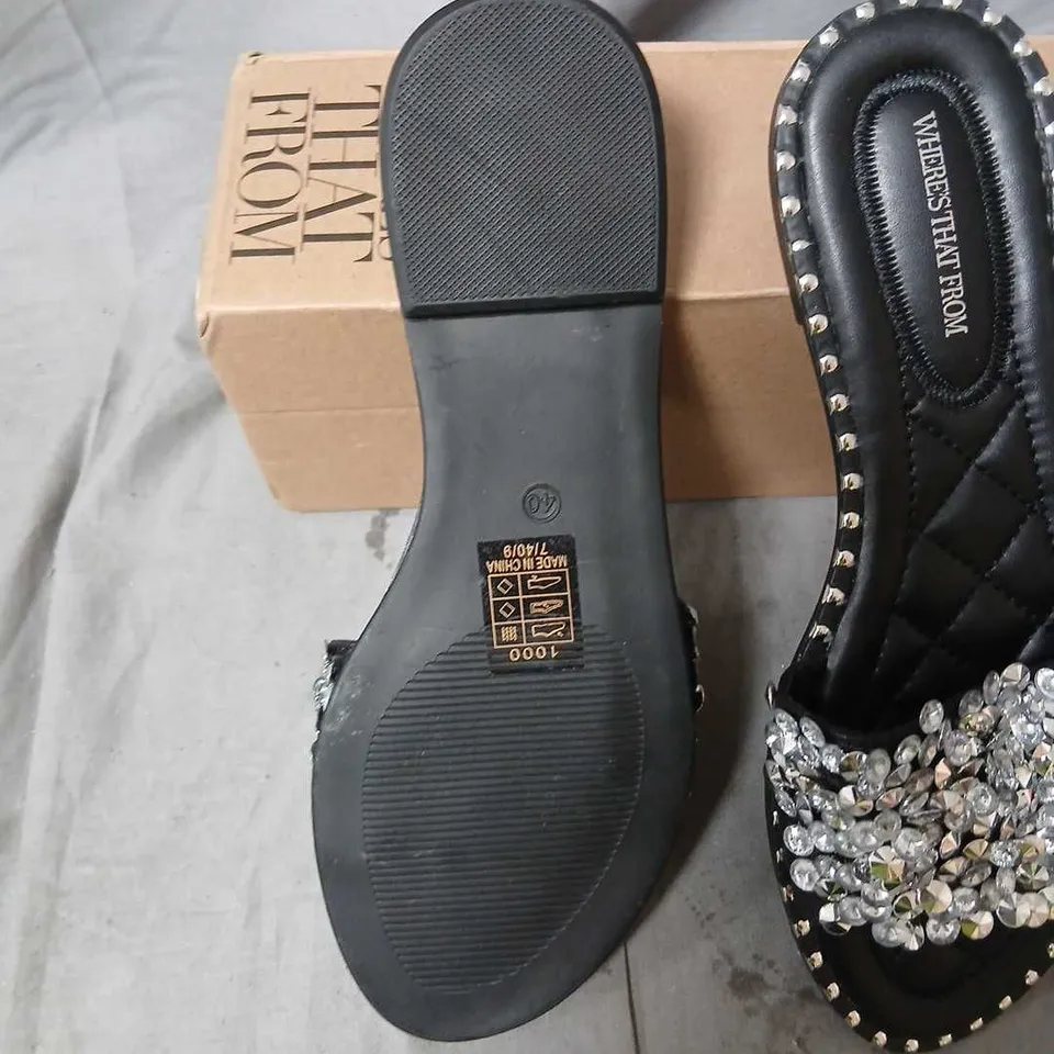 WHERES THAT FROM HEELBERRY WOMEN'S BLACK CRYSTAL-EMBELLISHED SLIDE SANDALS – UK 7