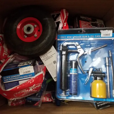 BOX CONTAINING ASSORTED SCRAP ITEMS INCLUDING 150MM AIR HAMMER KIT, SANDING AND PREPARATION DISC SET, 3/8" DRIVE CHROME VANADIUM TORX BIT SOCKET SET & 120CC MINI GREASE AND OIL CAN SET 