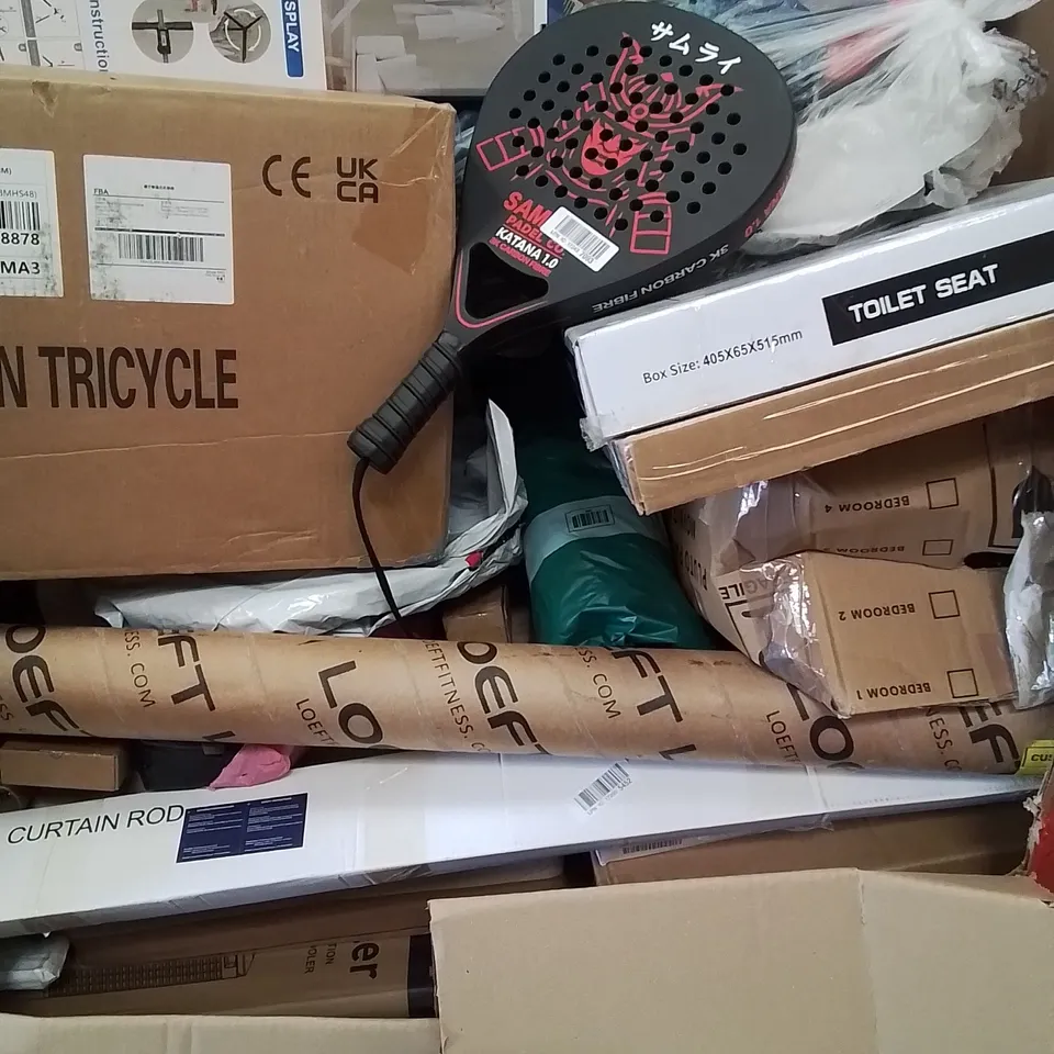 PALLET OF ASSORTED HOUSEHOLD GOODS AND PRODUCTS TO INCLUDE; CHILDREN TRICYCLE, PADEL BOARD, TOILET SEAT, DETAIL DISPLAY BOXED FURNITURE ETC