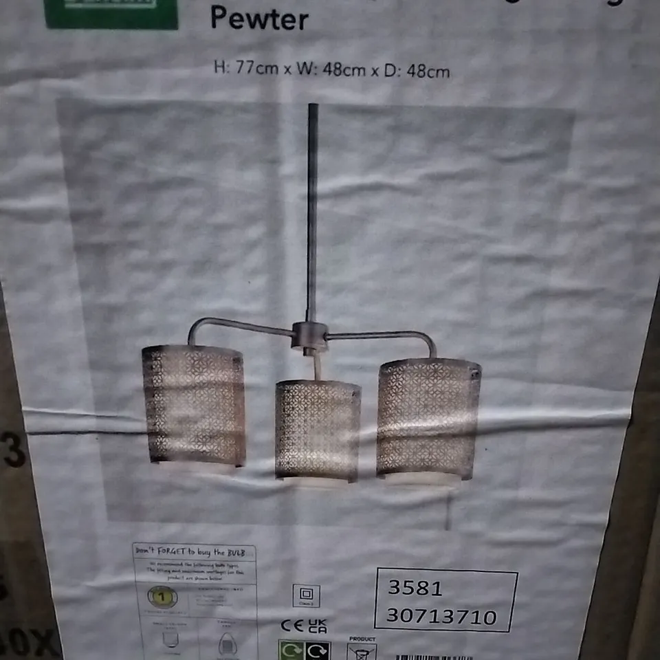 BOXED VIENNA 3 LIGHT CEILING FITTING PEWTER 