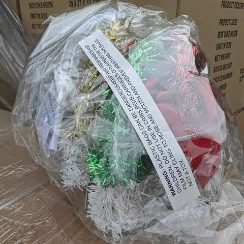 PALLET OF APPROXIMATELY 300 X 3 PIECE TINSEL SANTA HAT - WHITE LED - RED , GREEN AND GOLD