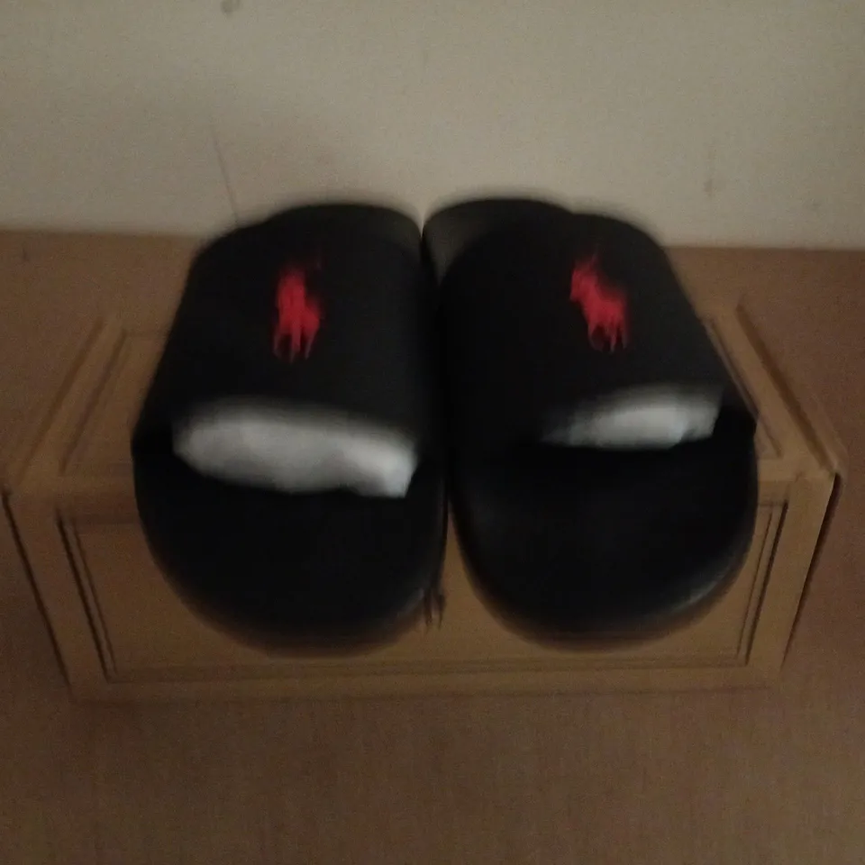 BOXED PAIR OF POLO RALPH LAUREN SLIDES IN BLACK - UK12