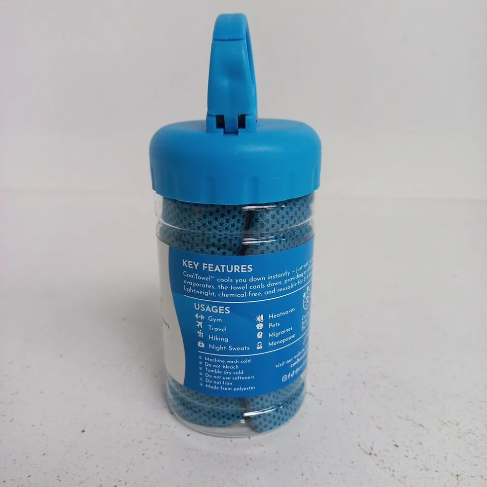 COOLTOWEL BLUE COOLING TOWEL IN BOTTLE WITH LOOP – GYM & OUTDOOR USE