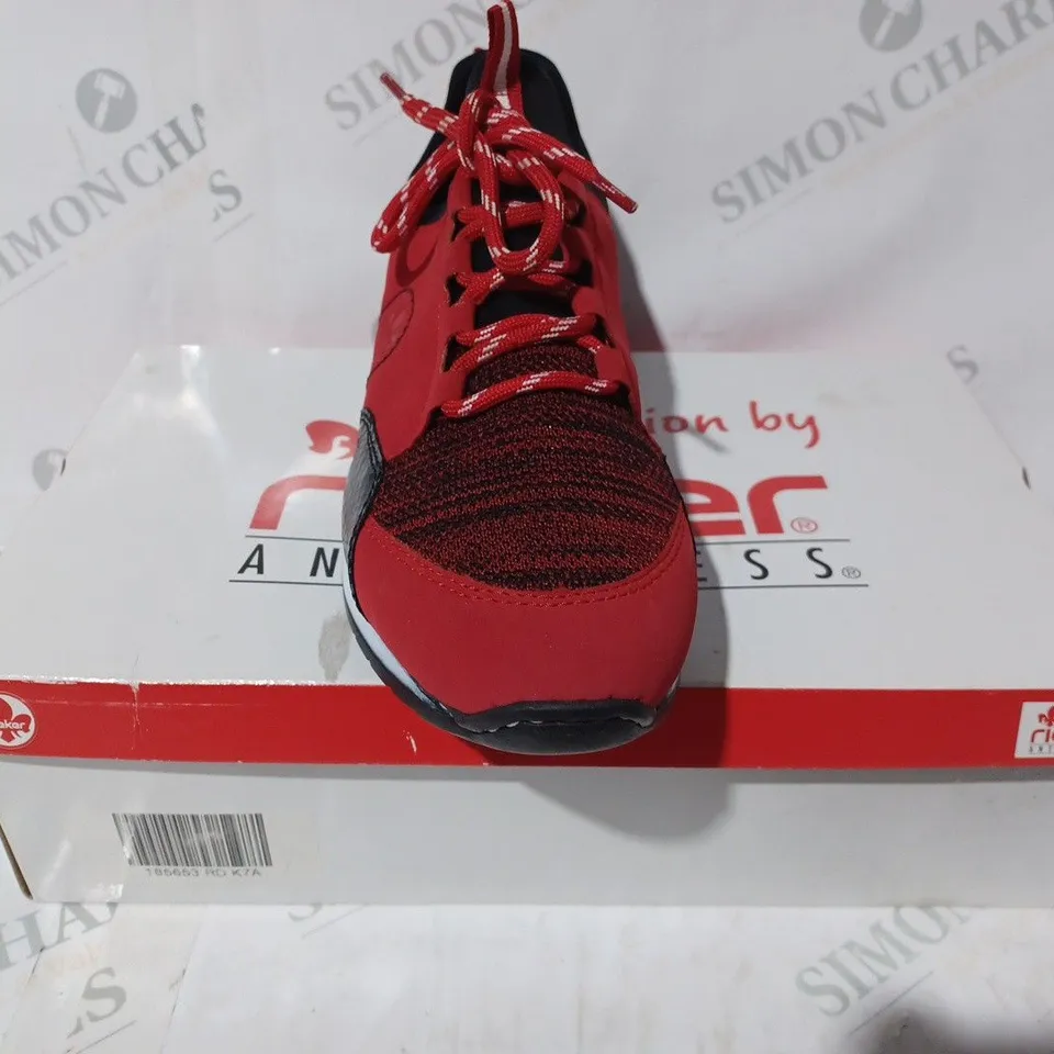 BOXED PAIR OF RIEKER RUNNING TRAINERS IN RED - SIZE 7.5