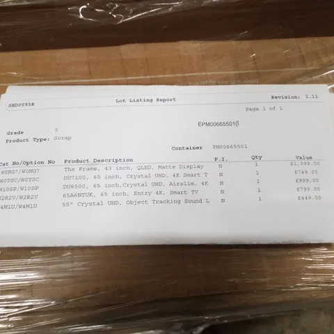 PALLET OF FIVE ASSORTED WAREHOUSE DAMAGED TV'S TO INCLUDE;
