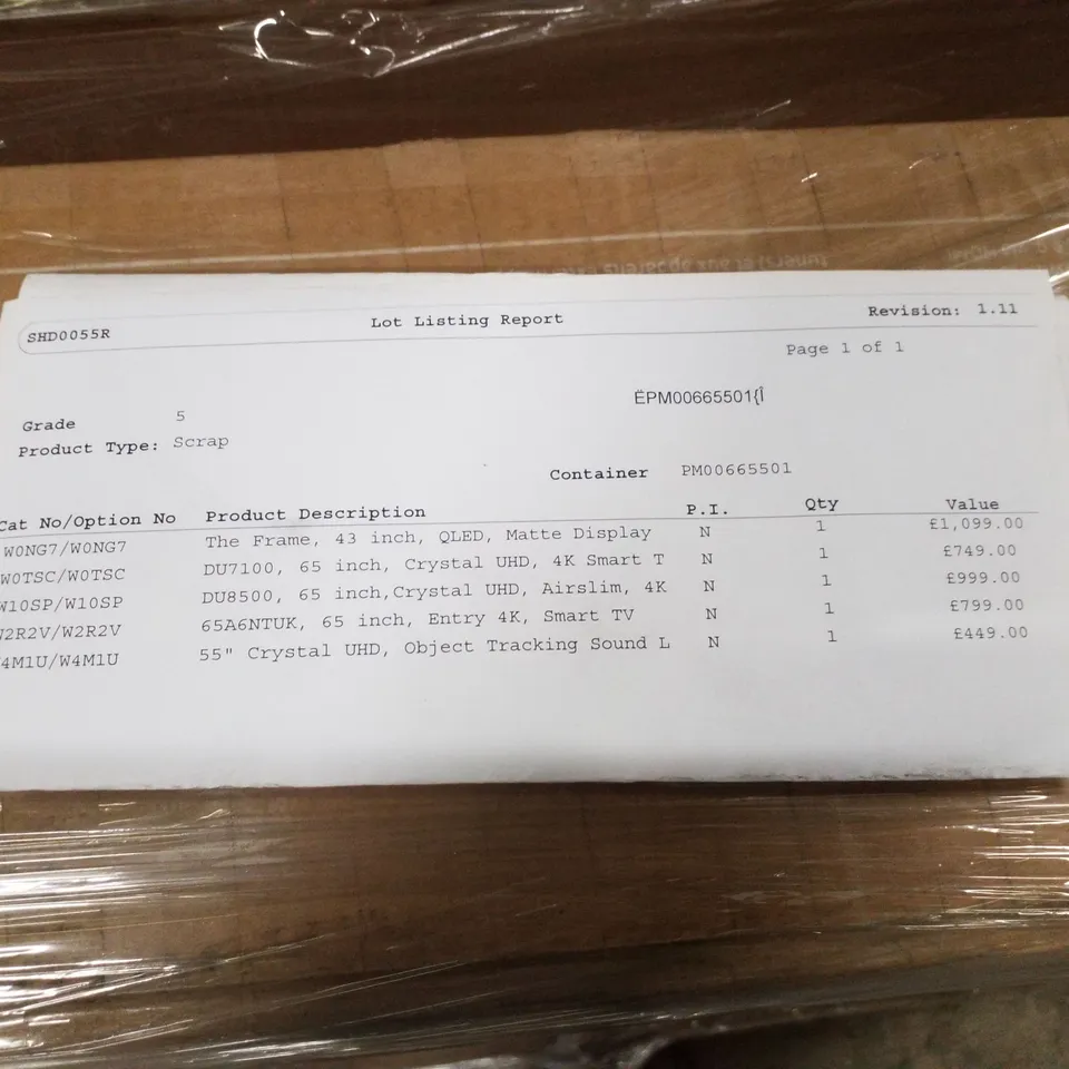 PALLET OF FIVE ASSORTED WAREHOUSE DAMAGED TV'S TO INCLUDE;