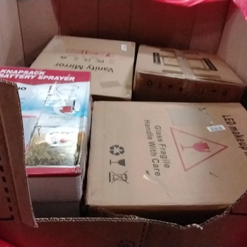 PALLET OF ASSORTED HOUSEHOLD GOODS AND PRODUCTS TO INCLUDE;VANITY MIRROR,COLD PRESS JUICER,BATTERY SPRAYER