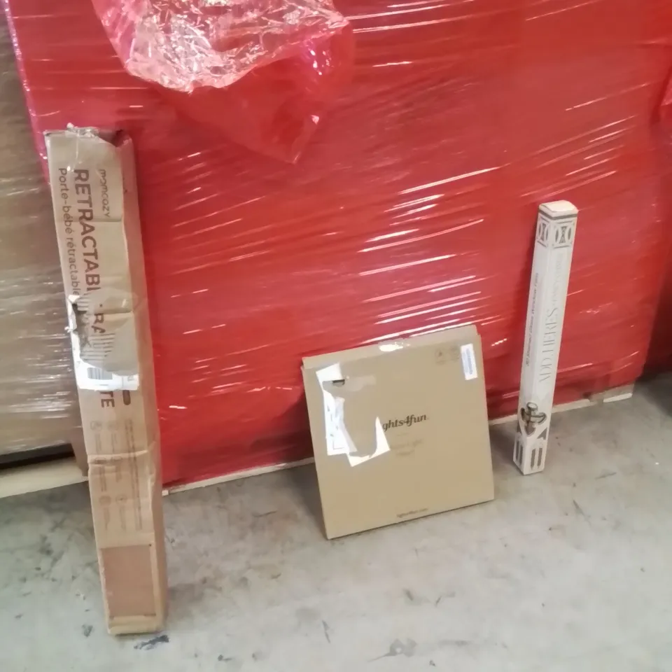PALLET OF ASSORTED HOUSEHOLD GOODS AND PRODUCTS TO INCLUDE;RETRACTABLE SAFETY GATE,HEART LED LIGHT,3D STAINED WINDOW FILM