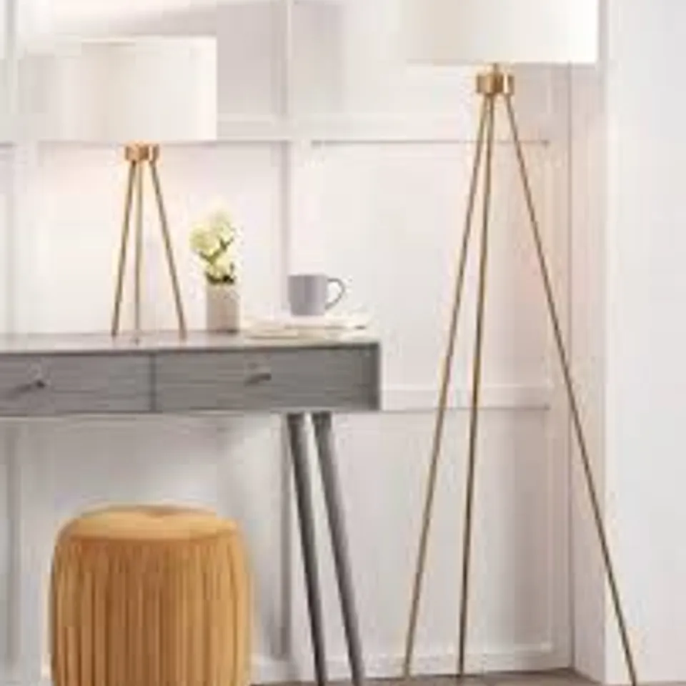 Boxed Houston Brushed Brass Metal Tripod Floor Lamp
