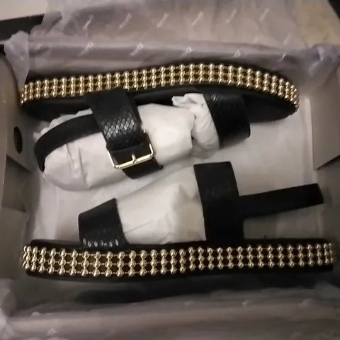 3 SHOE BOXES OF DUNE SHOES CONTAINING BLACK-REPTILE LEATHER DETAILED FLATFORM SANDLES SIZE 4
