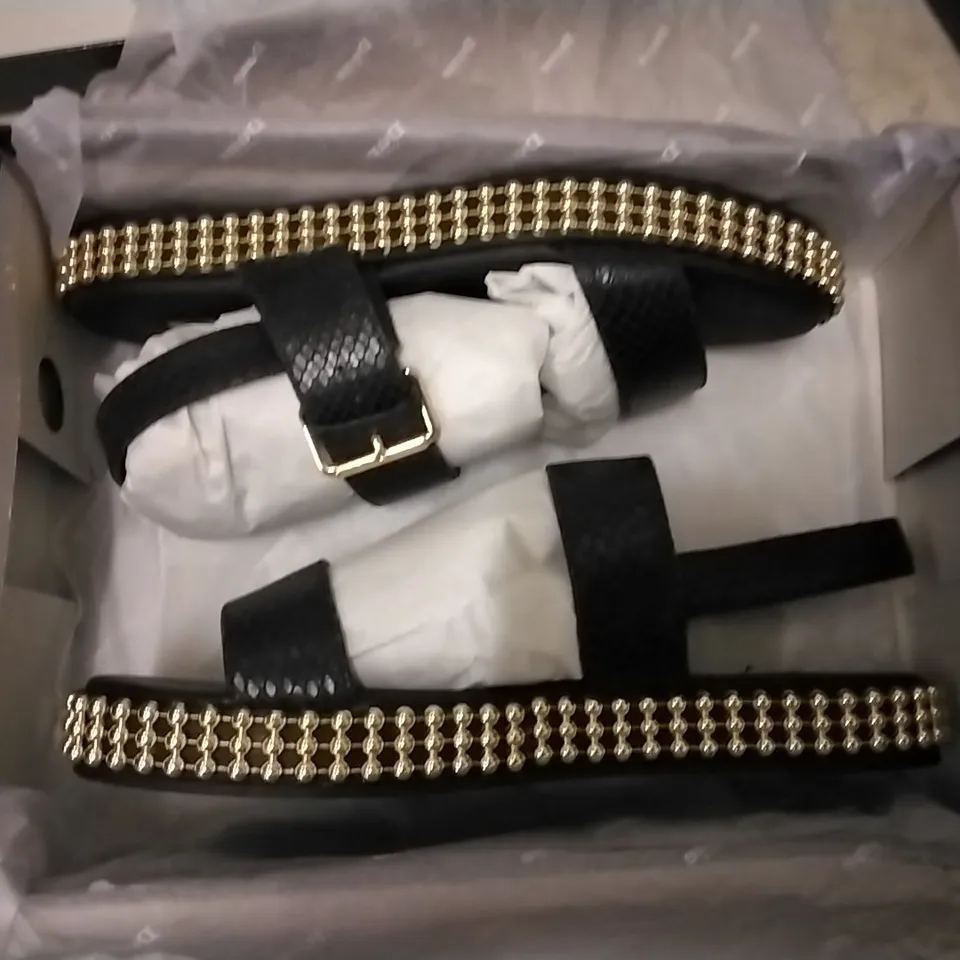 3 SHOE BOXES OF DUNE SHOES CONTAINING BLACK-REPTILE LEATHER DETAILED FLATFORM SANDLES SIZE 4