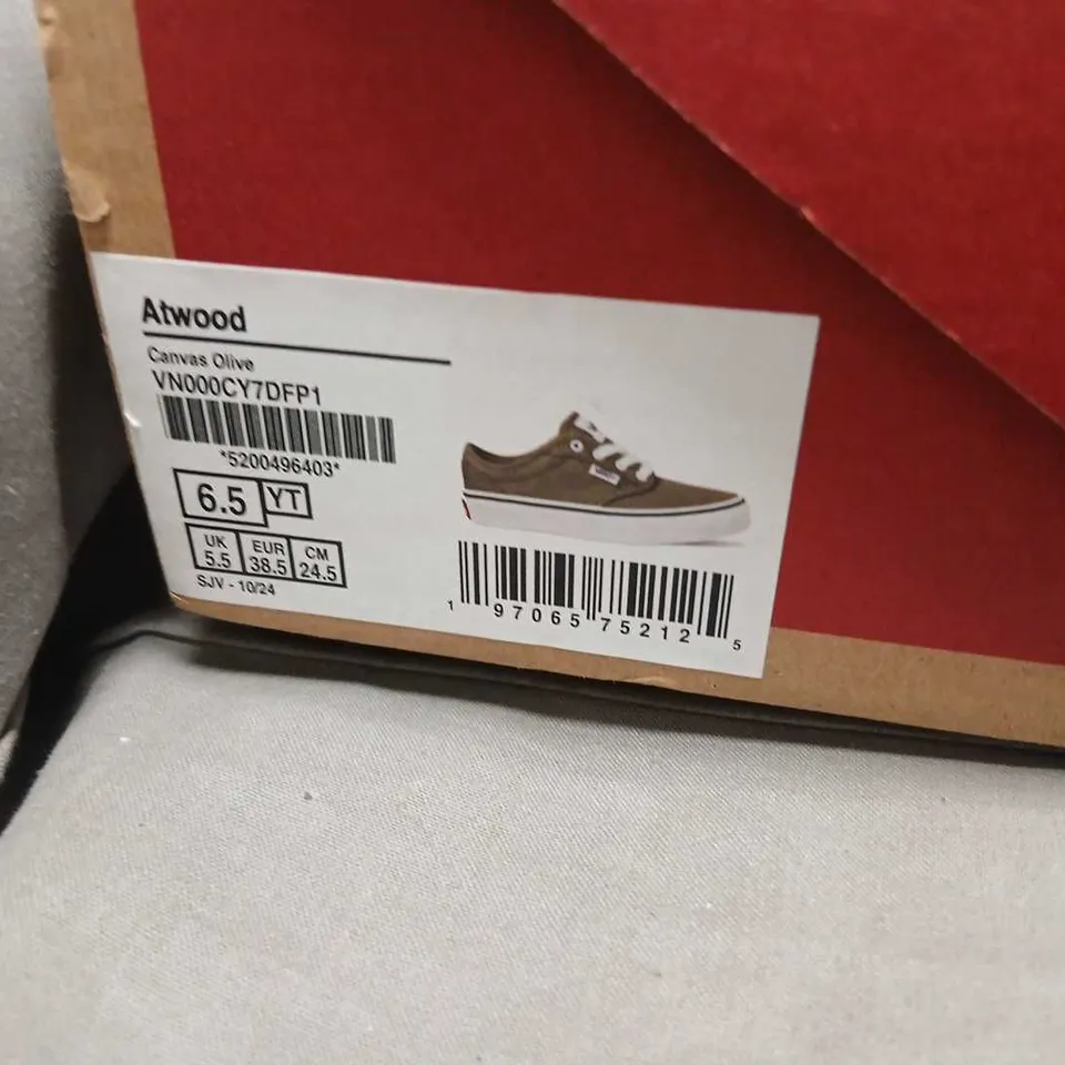 VANS ATWOOD CANVAS OLIVE SNEAKERS – BOXED, UK 5.5 (US 6.5, EU 38.5)