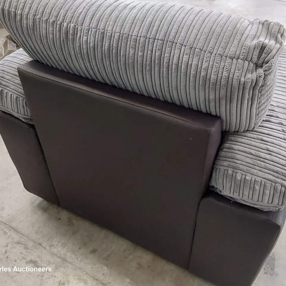 DESIGNER EASY CHAIR GREY JUMBO CHORD & BLACK FAUX LEATHER 
