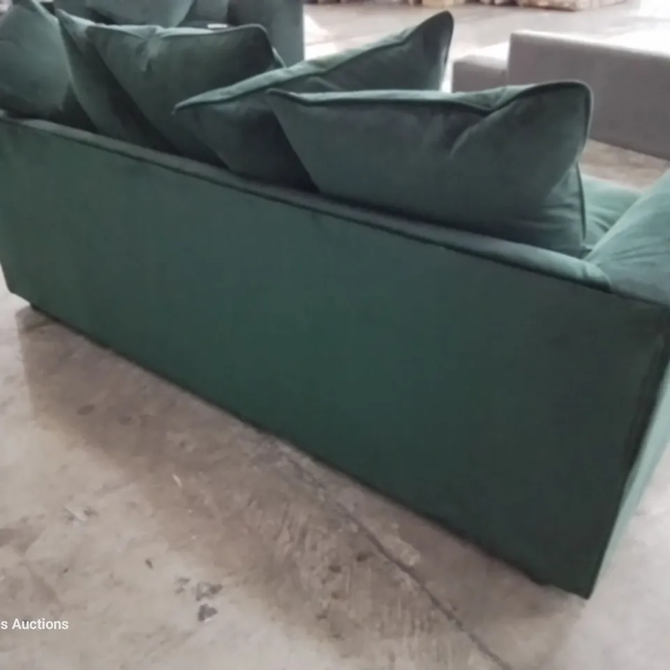 DESIGNER KNEELAND TWO SEATER SOFA WITH SCATTER CUSHIONS GREEN PLUSH FABRIC