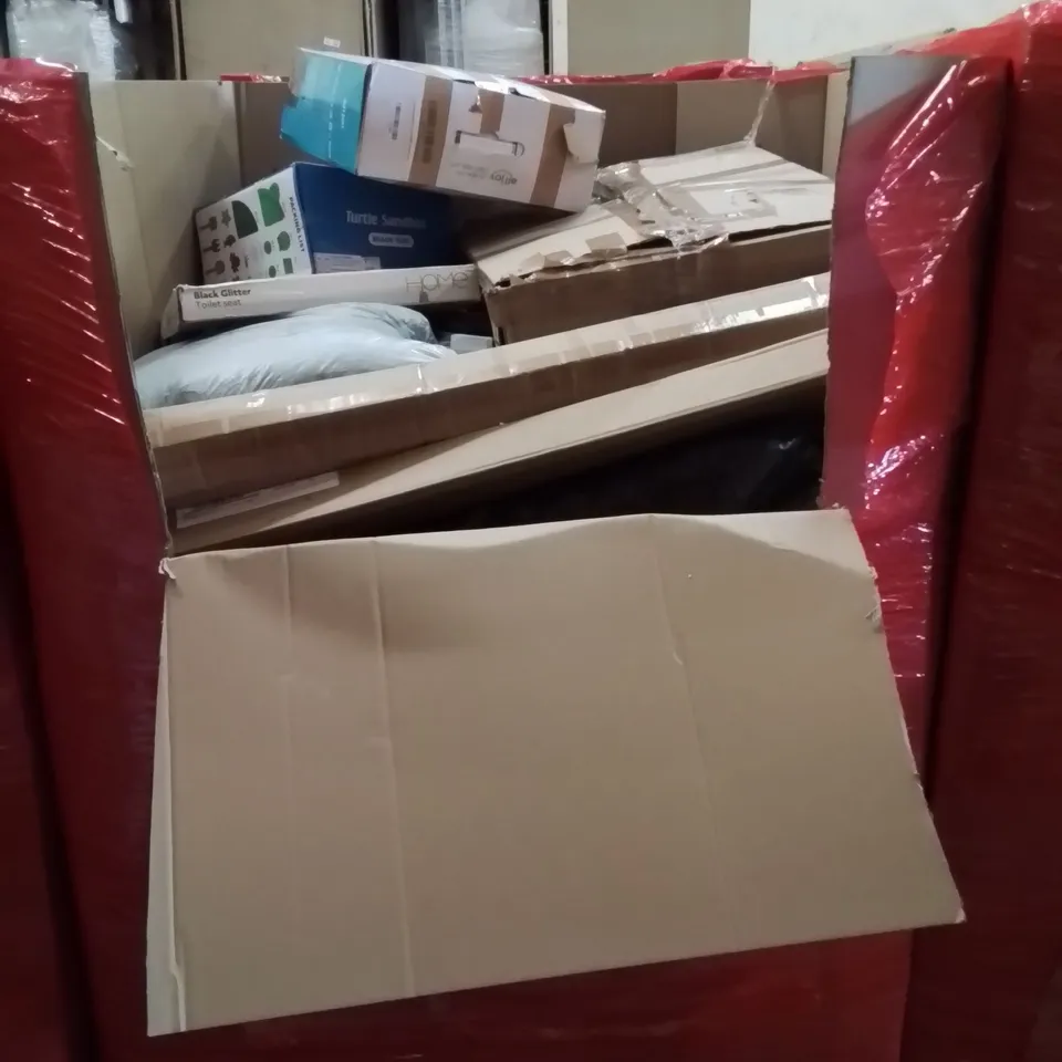 PALLET OF ASSORTED HOUSEHOLD GOODS AND PRODUCTS TO INCLUDE;  BLACK GLITTER TOILET SEAT, TURTLE SANDBOX, ROLLER BLIND, ELECTRIC HEATED BLANKET