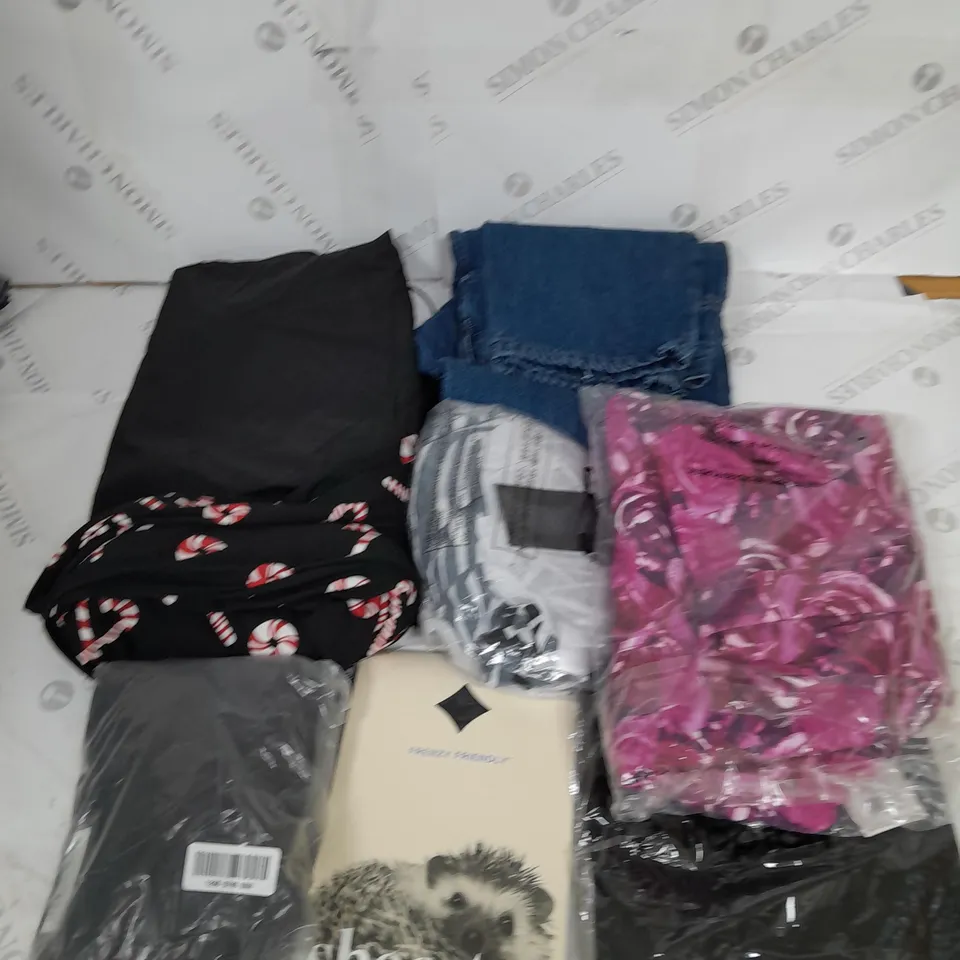 LARGE BOX OF ASSORTED CLOTHING ITEMS IN VARIOUS COLOURS AND SIZES INCLUDING TROUSERS , TOPS AND JUMPERS 