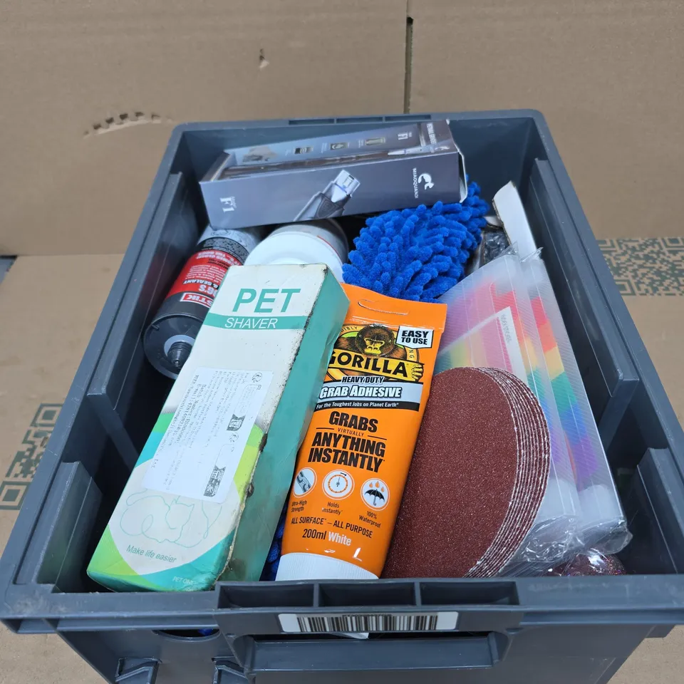 TOTE OF APPROXIMATELY 20 ASSORTED HOUSEHOLD ITEMS TO INCLUDE PET NAIL GRINDER, PET SHAVER, GORILLA ADHESIVE, THE DOGS ADHESIVE AND SEALANT, CAGE FRESH GRANULES ETC