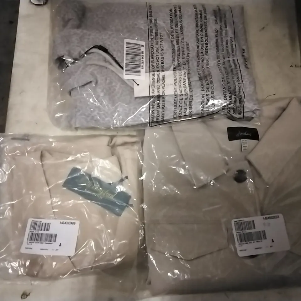 BOX OF ASSORTED CLOTHING TO INCLUDE HALSTON PULLOVER JUMPER MEDIUM, JOULES WHITE JERSEY JACKET SIZE 20, RUTH LANGSFORD CHAMPAGNE SATIN TUNIC SIZE 10 
