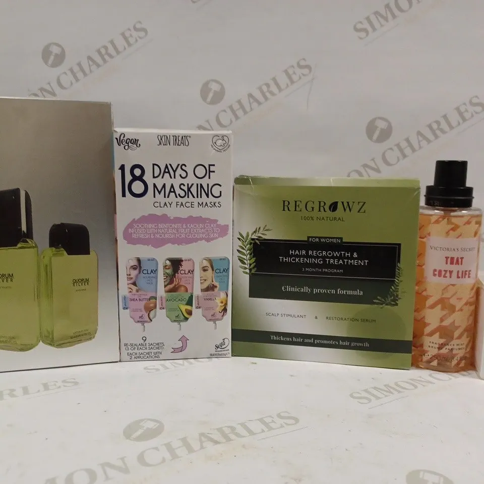 BOX OF APPROX 10 ASSORTED BEAUTY PRODUCTS TO INCLUDE REGROWTHZ HAIR TREATMENT, VICTORIA'S SECRET THAT COZY LIFE FRAGRANCE MIST, NINA RICCI EAU DE TOILETTE, ETC 