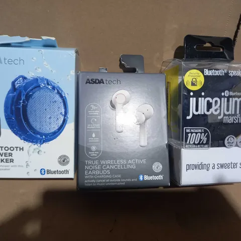 BOX OF APPROXIMATELY 15 ASSORTED ELECTRICAL ITEMS TO INCLUDE ASDA TECH BLUETOOTH SHOWER SPEAKER, ASDA TECH TRUE WIRELESS NOISE CANCELLING EARBUDS, JUICEJUMBO MARSHMALLOW BLUETOOTH SPEAKER, ETC