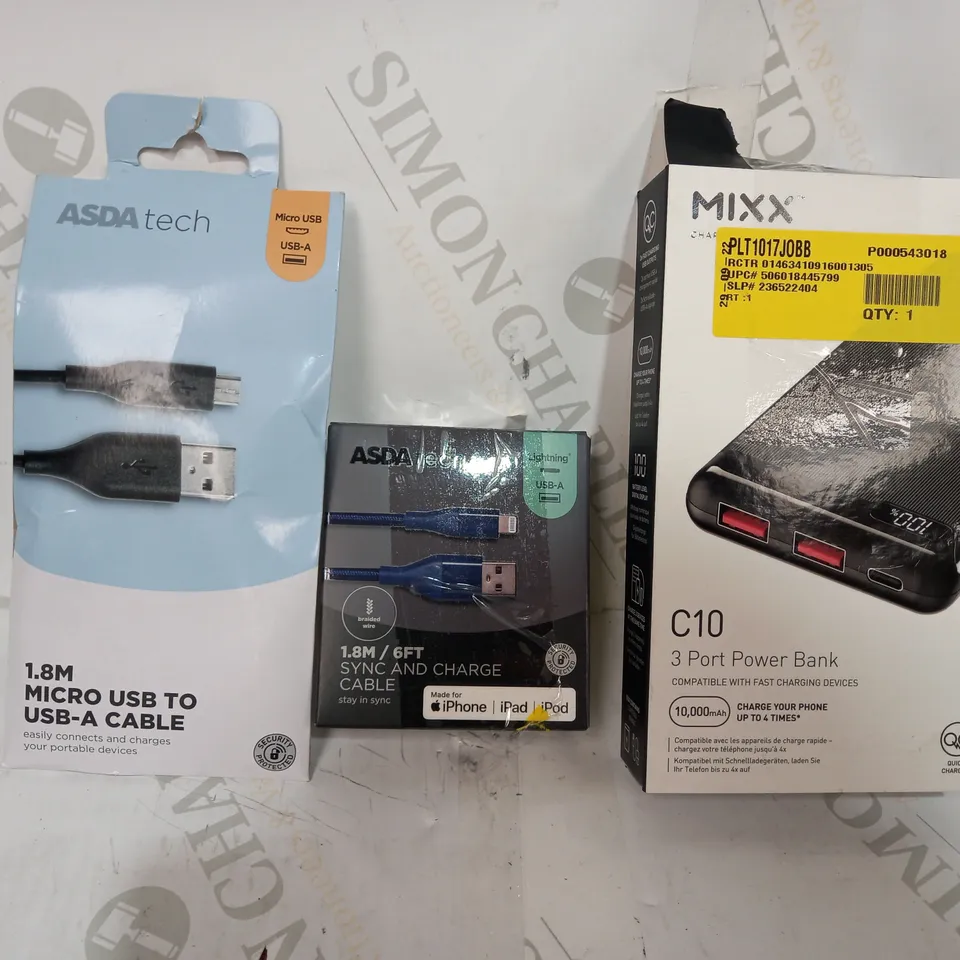 LOT OF APPROXIMATELY 20 ASSORTED HOUSEHOLD ITEMS TO INCLUDE ASDA TECH MICRO USB TO USB-A CABLE, ASDA TECH SYNC AND CHARGE CABLE, MIXX C1 3 PORT POWER BANK, ETC