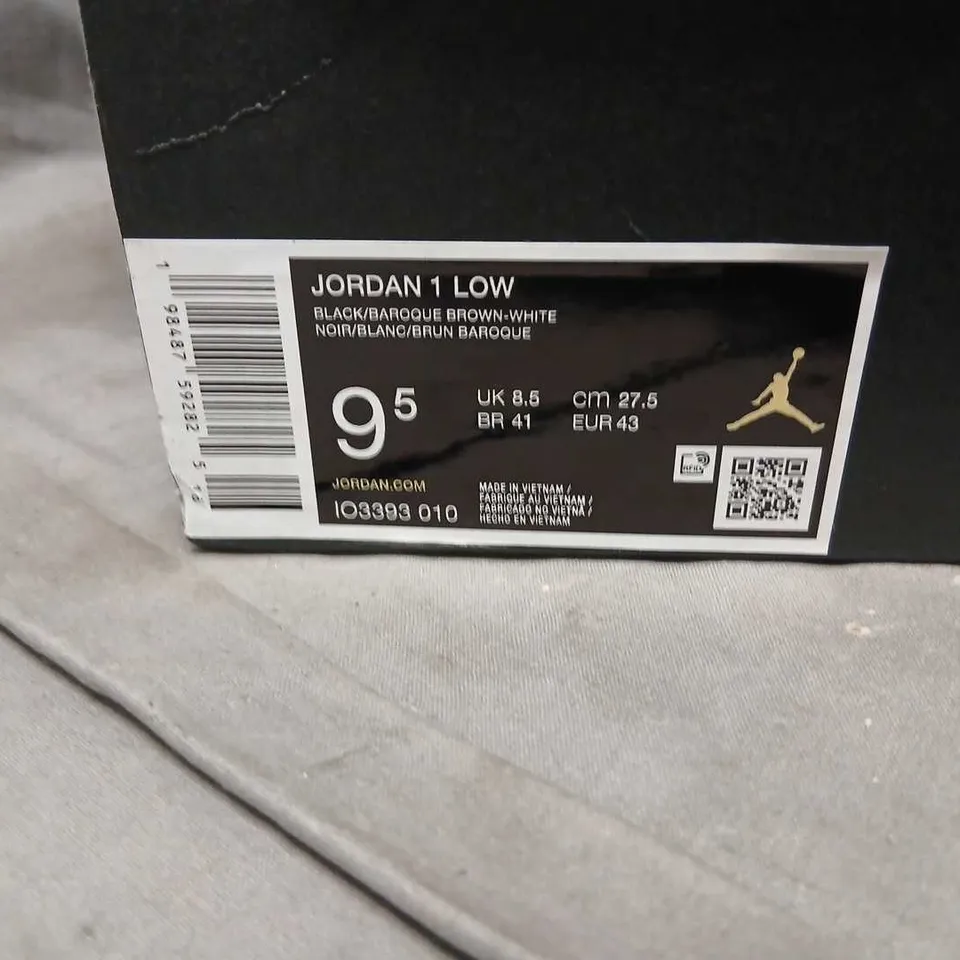 NIKE AIR JORDAN 1 LOW SNEAKERS – BLACK/BAROQUE BROWN-WHITE, US 9.5 (UK 8.5)