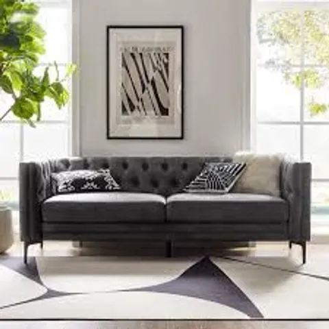 BOXED HULALA HOME CALYMNE 84" MODERN SQUARE ARMS SOFA WITH BUTTON-TUFTED BACK - GREY (2 BOXES)