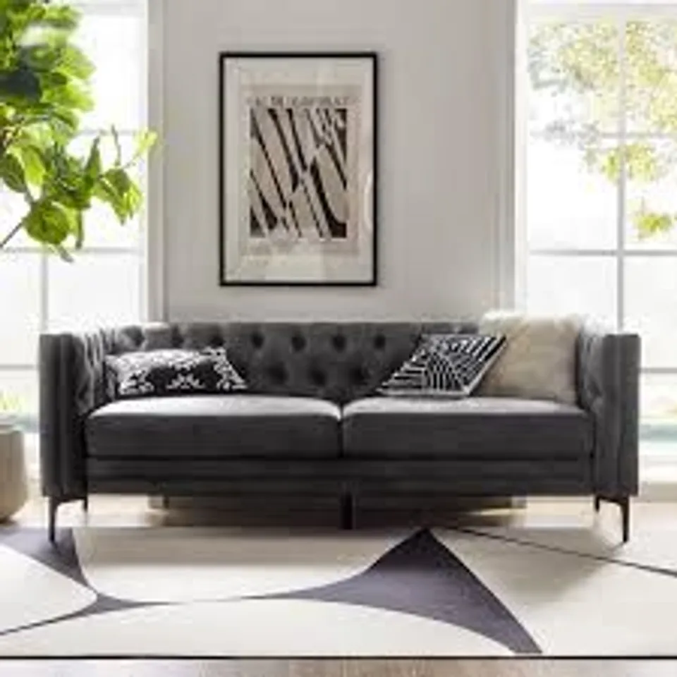 BOXED HULALA HOME CALYMNE 84" MODERN SQUARE ARMS SOFA WITH BUTTON-TUFTED BACK - GREY (2 BOXES)
