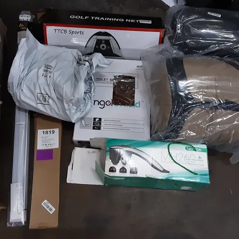 PALLET OF ASSORTED PRODUCTS INCLUDING ANGEL SHIELD TOILET SEAT, GOLF TRAINING NET, TAIYOHOMES DAY AND NIGHT ROLLER BLINDS, VOYON DOUBLE HEAD MASSAGER, SBOLY TOASTER, HOSE CONTACT PAPER