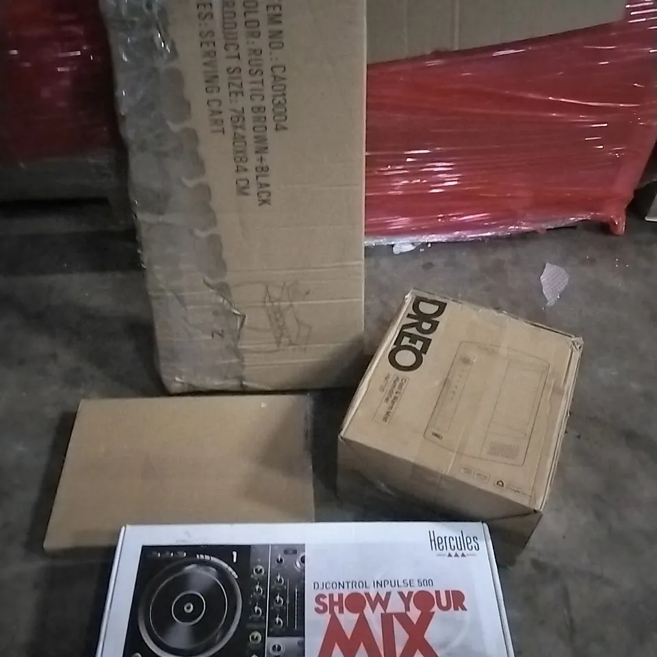 PALLET OF HOUSEHOLD ITEMS TO INCLUDE DRINKS TROLLEY, PICTURE FRAME, COOL AND WARM MIST HUMIDIFIER, DJCONTROL INPULSE500  AND OTHER ASSORTED ITEMS...