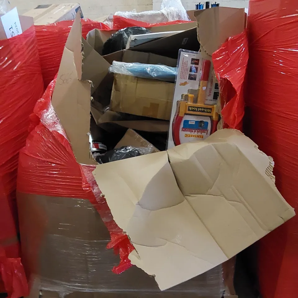 PALLET TO CONTAIN ASSORTED HOUSEHOLD ITEMS AND CONSUMER PRODUCTS. INCLUDES WHEEL LOCK, BUCKET, OUTDOOR CHRISTMAS DECORATIONS, BOXED FURNITURE ETC