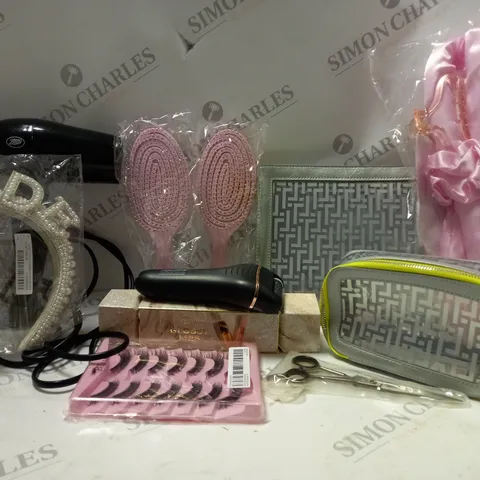 BOX OF APPROX 10 ASSORTED BEAUTY PRODUCTS TO INCLUDE BRIDE PEARL HEADBAND, REVOLUTION PRO GLOSSY LIPS KIT, HAIRDRESSING SCISSORS, ETC