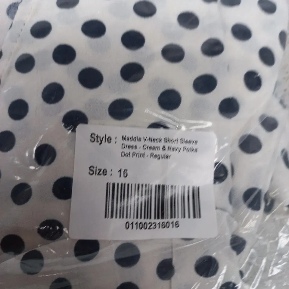 UNFOLDED MADDIE V-NECK SHORT SLEEVE DRESS – CREAM & NAVY POLKA DOTS, UK 16