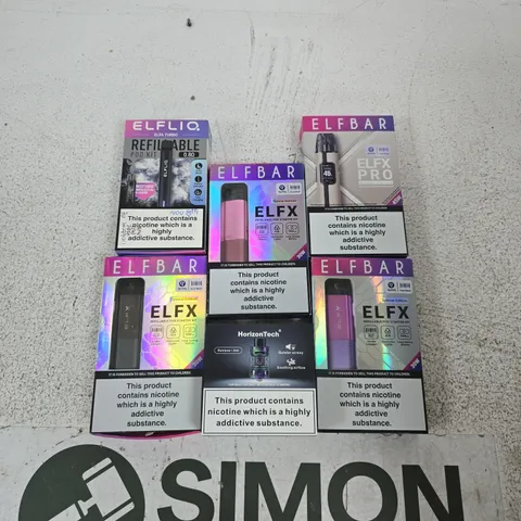 APPROXIMATELY 20 ASSORTED E-CIG PRODUCTS AND ACCESSORIES TO INCLUDE ELFBAR, SAKERZ, GEEKVAPE ETC
