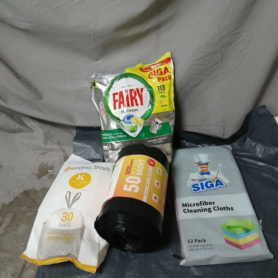 4 X CLEANING PRODUCTS TO INCLUDE FAIRY, REFUGE SACKS ETC