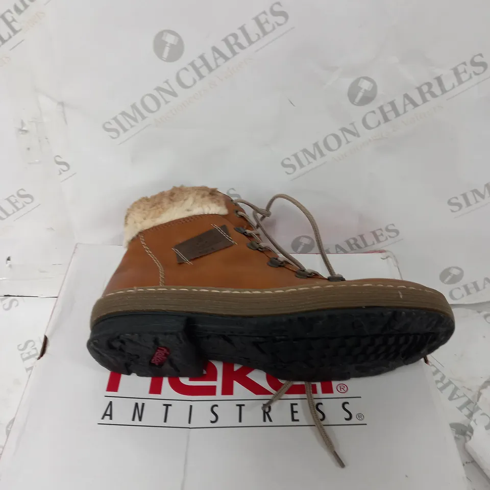 BOXED PAIR OF RIEKER LACE UP ANKLE BOOTS - TAN - UK SIZE 6
