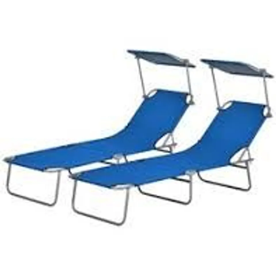 BOXED OUTSUNNY OUTDOOR FOLDABLE SUN LOUNGER SET OF 2, 4 LEVEL ADJUSTABLE BACKREST RECLINING SUN LOUNGER CHAIR WITH ANGLE ADJUST SUN SHADE AWNING FOR BEACH, GARDEN, PATIO, BLUE