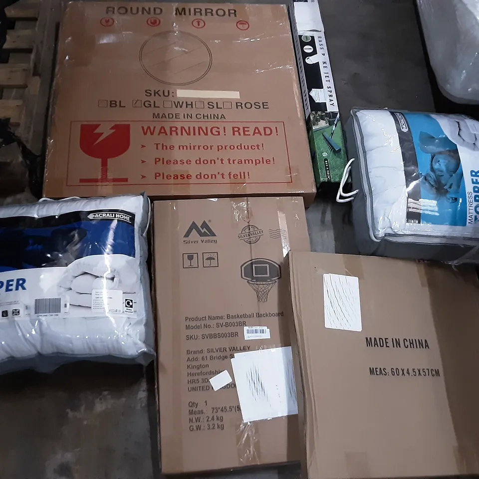 PALLET OF ASSORTED PRODUCTS INCLUDING SILVER VALLEY BASKETBALL BACKBOARD, ACRALI HOME MATTRESS TOPPER, ARTIFICIAL GRASS RAKE JET SPRAY, ROUND MIRROR, BABY HIGH CHAIR