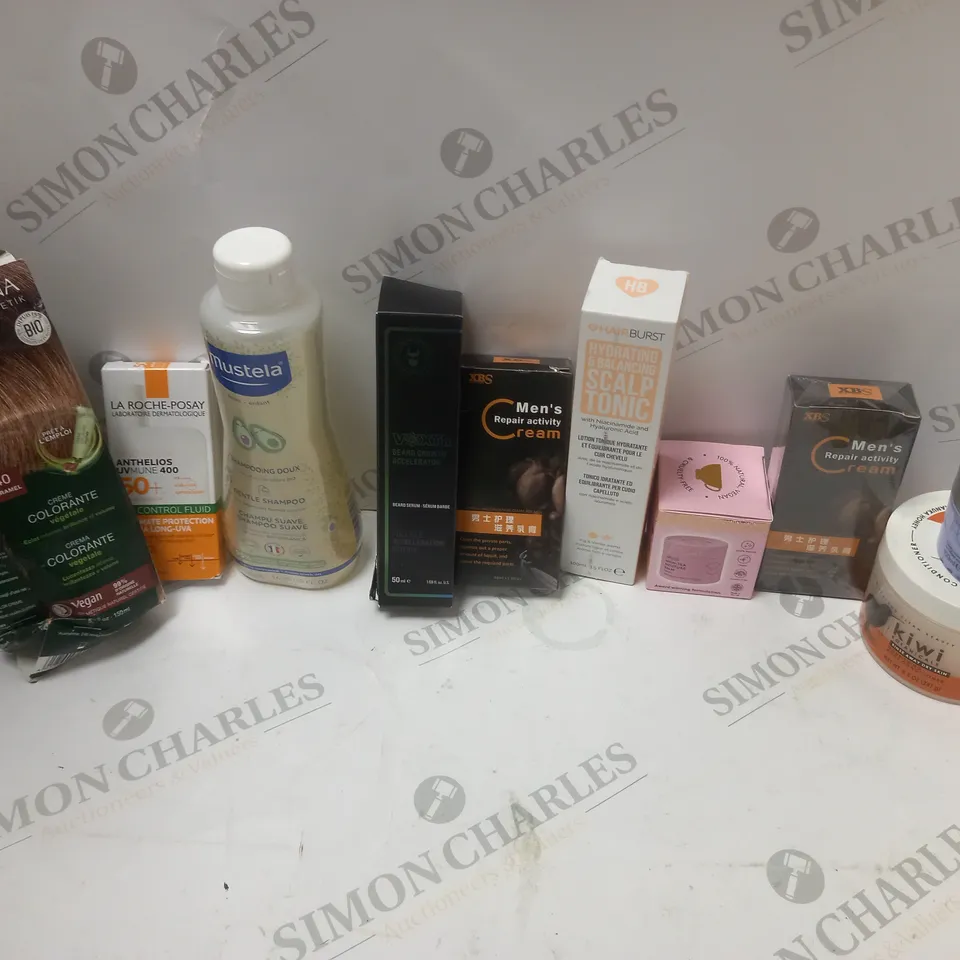 APROXIMATLEY 20 COSMETICS ITEMS TO INCLUDE KIWI BOTANICALS NOURISHING BODY CONDITIONER (241g), MUSTELA GENTLE SHAMPOO (500ml), THE BEARD STRUGGLE BEARD GROWTH ACCELERATOR (50ml), ETC