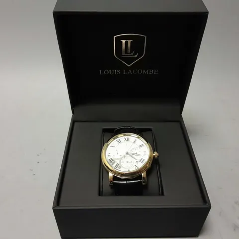 MENS LOUIS LACOMBE CHRONOGRAPH WATCH β MULTI FUNCTION DIAL WITH DATE β ROMAN NUMERAL DIAL β LEATHER STRAP