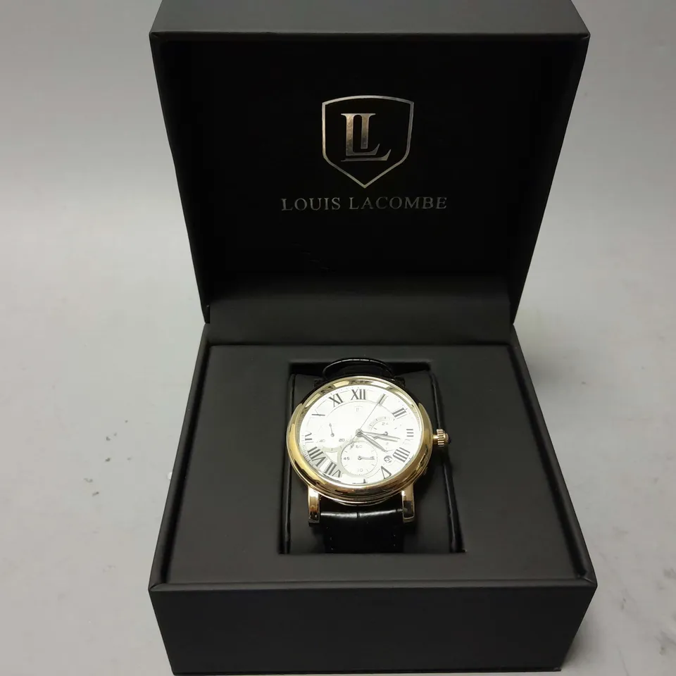 MENS LOUIS LACOMBE CHRONOGRAPH WATCH – MULTI FUNCTION DIAL WITH DATE – ROMAN NUMERAL DIAL – LEATHER STRAP 